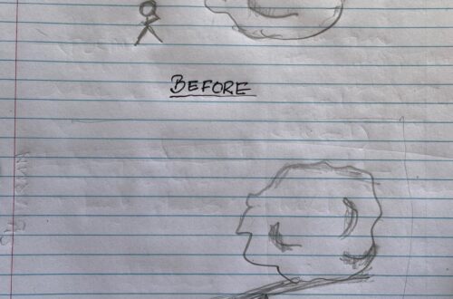 A stick figure person is looking at a heavy rock