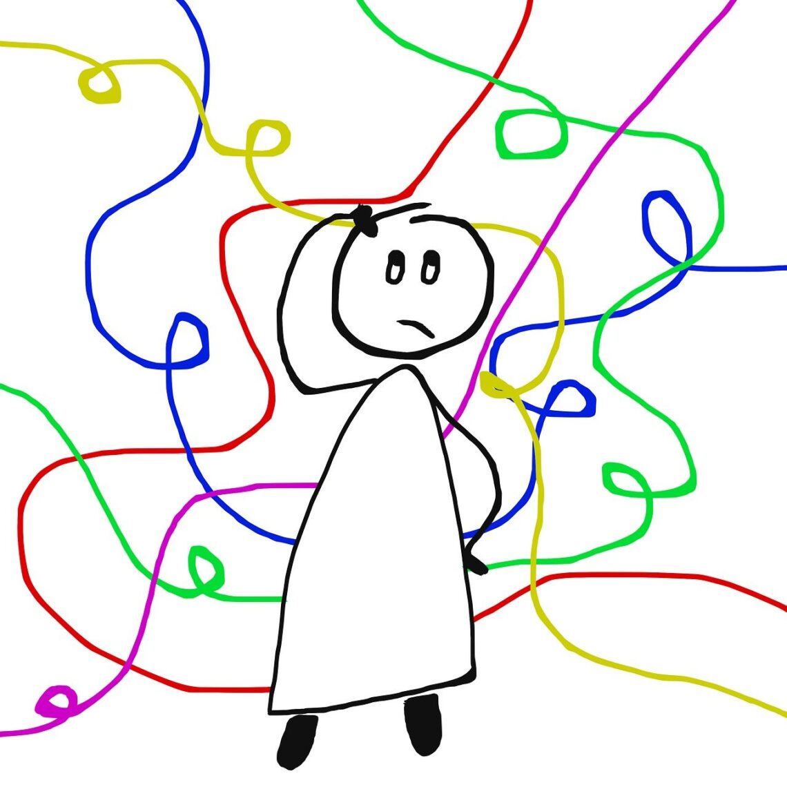 A stick figure person with thought spirals