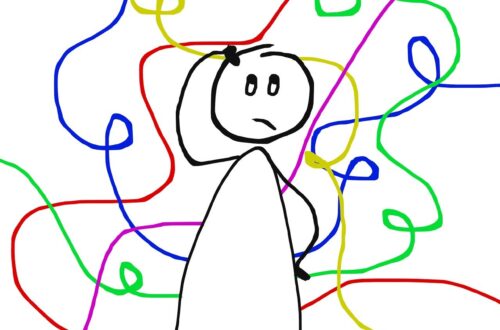 A stick figure person with thought spirals